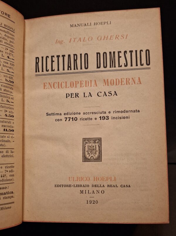 Ghersi Italo - Ricettario Domestico - Hoepli, 1920 - immagine 3