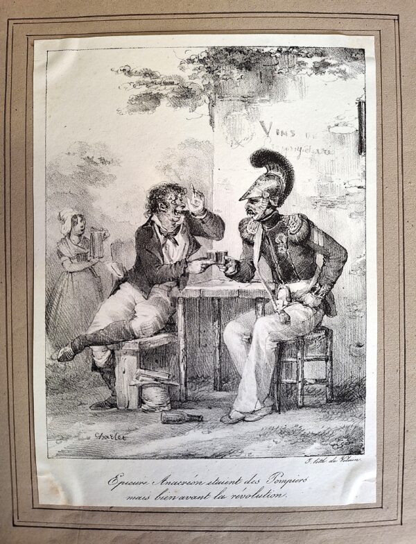 "Épreuve Anacréon devant des Pompiers…"  Tavola disegnata da Charlet – Litografia de Villain, Francia, ca. 1830–1840