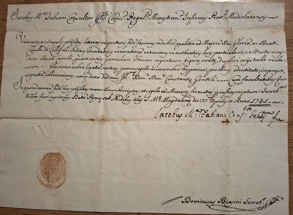 Certificato di autenticità di reliquia del Beato Camillo de Lellis - Roma, 12 aprile 1745 (Ordine Camilliano ?)