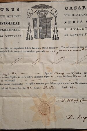 Certificato di autenticità di reliquia della Vera Croce – Genova, Monastero di San Giuliano, 21 marzo 1860