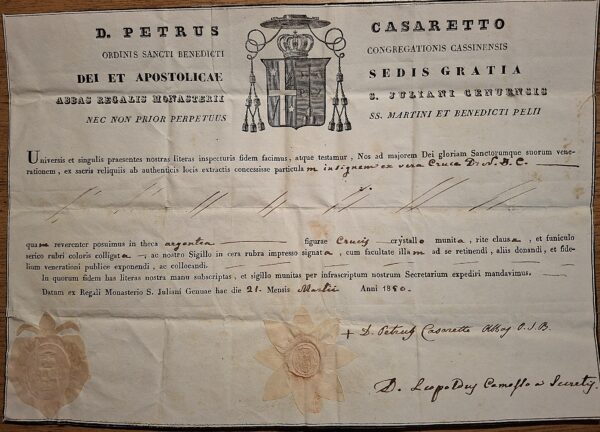 Certificato di autenticità di reliquia della Vera Croce – Genova, Monastero di San Giuliano, 21 marzo 1860