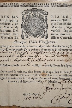 Certificato di autenticità di reliquia – Mons. Ferdinando Maria de Rubeis - Roma, 1° maggio 1755
