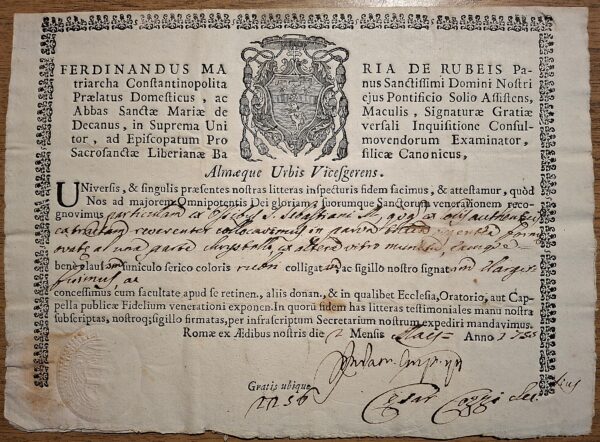 Certificato di autenticità di reliquia – Mons. Ferdinando Maria de Rubeis - Roma, 1° maggio 1755