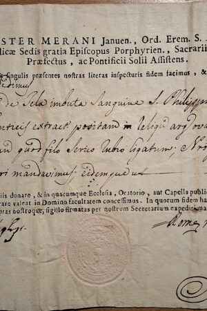 Certificato di autenticità di reliquia del sangue di San Filippo Neri - Roma, 6 agosto 1794