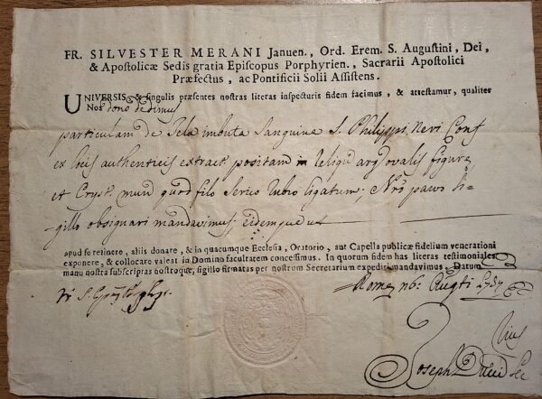 Certificato di autenticità di reliquia del sangue di San Filippo Neri - Roma, 6 agosto 1794