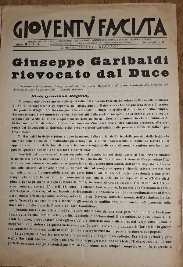 Gioventù Fascista - Era Fascista X – Anno II, N. 16 Data: 10 giugno - Achille Starace - Editore: P.N.F. – Palazzo Littorio, Roma - immagine 3