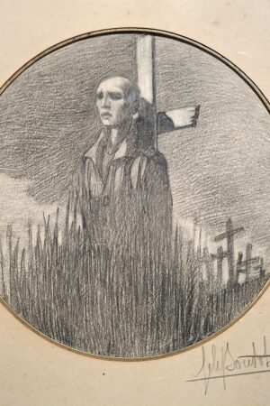 Disegno originale a matita “Le Chemin de Croix du Soldat” di Jules Sourbat (firmato e datato 1919)