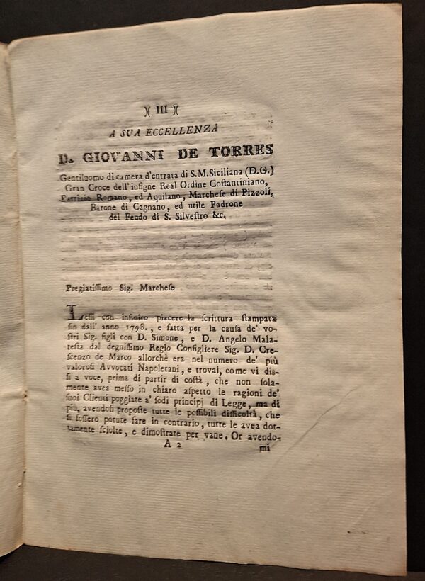 Lettera di D. Francesco Masci... a S.E. il Marchese D. Giovanni de Torres se nel testamento… Aquila, Giuseppe Maria Grossi, 1802. - immagine 3