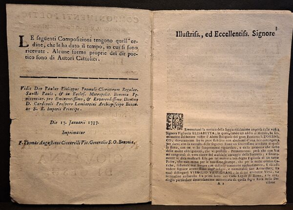 Componimenti poetici dedicati a Giansebastiano de Vespignani - Bologna, Gioeffo Maria Ubaldini, 1737 - immagine 3