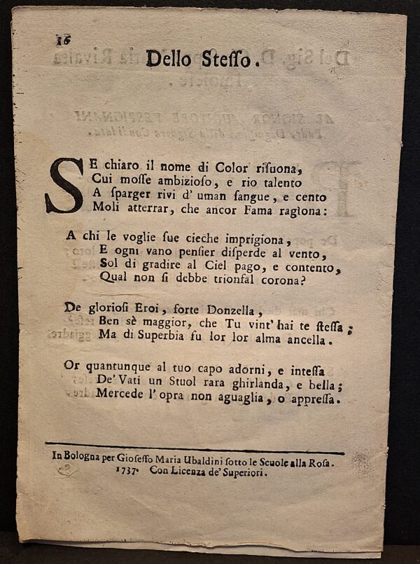 Componimenti poetici dedicati a Giansebastiano de Vespignani - Bologna, Gioeffo Maria Ubaldini, 1737 - immagine 4