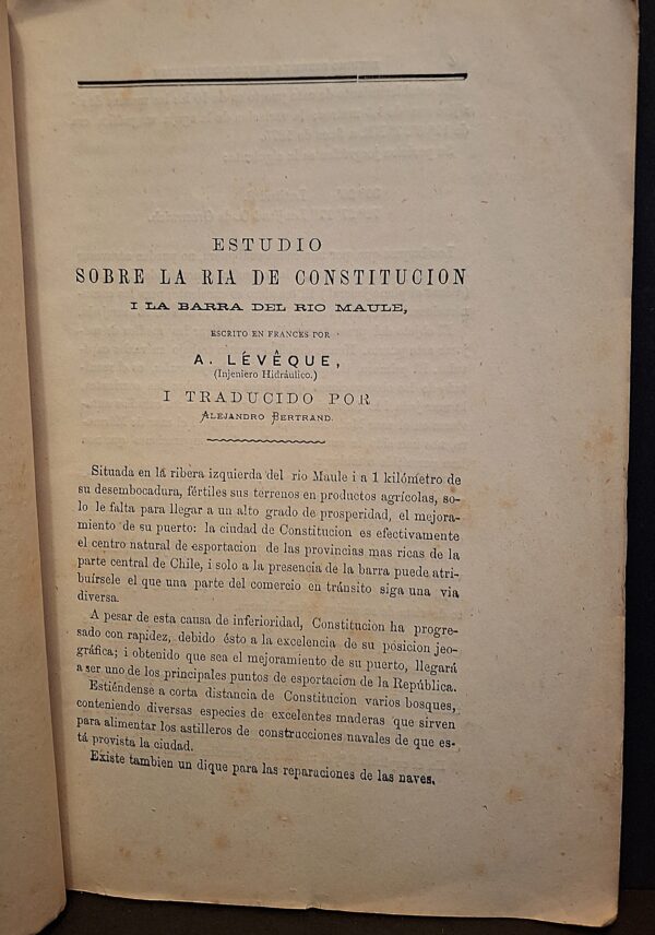 Lévêque, Alfredo - Estudio sobre la Rià de constitucion y la barra del Rio Maule. - Santiago, Imprenta de la Librería del Mercurio, 1877 - immagine 4