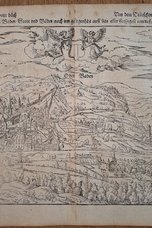 Veduta di Baden (Svizzera) - Xilografia originale tratta dalla Cosmographia di Sebastian Münster - Circa 1570-1588