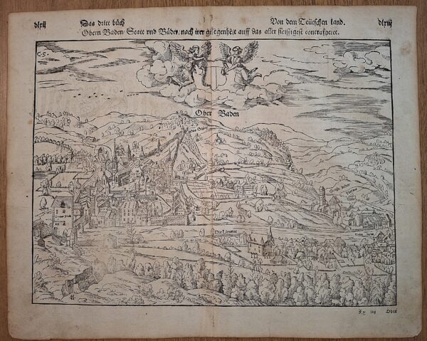 Veduta di Baden (Svizzera) - Xilografia originale tratta dalla Cosmographia di Sebastian Münster - Circa 1570-1588