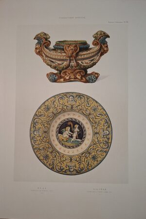 Collection Spitzer – Faïences Italiennes, Pl. VII - Tavola cromolitografica raffigurante saliera e piatto rinascimentali - Parigi, (ca. 1880–1890)