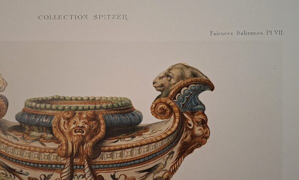 Collection Spitzer – Faïences Italiennes, Pl. VII - Tavola cromolitografica raffigurante saliera e piatto rinascimentali - Parigi, (ca. 1880–1890) - immagine 2