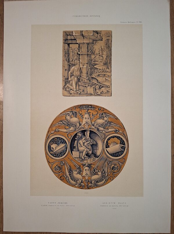 Collection Spitzer – Faïences Italiennes, Pl. VIII  Saint Jérôme (Forlì) - Assiette Plate (Deruta) - Cromolitografia a colori - Parigi, (ca. 1880–1890)