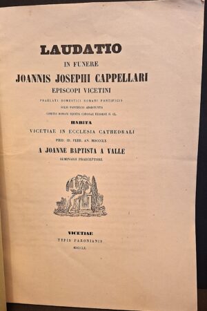 Joanne Baptista a Valle - Laudatio in funere Joannis Josephi Cappellari episcopi Vicetini - Vicetiae, Typis Paronianis, 1860