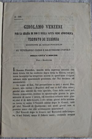 Girolamo Verzieri, Vescovo di Brescia – Lettera pastorale sulla disciplina quaresimale - Brescia, [s.d., ma seconda metà del XIX secolo]
