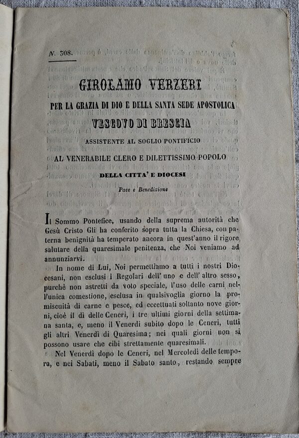 Girolamo Verzieri, Vescovo di Brescia – Lettera pastorale sulla disciplina quaresimale - Brescia, [s.d., ma seconda metà del XIX secolo]