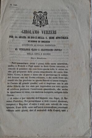 Girolamo Verzieri  – Due Lettere Pastorali per la Quaresima (nn. 146 e 172) - Brescia, Tipografia Vescovile del Pio Istituto, 1868