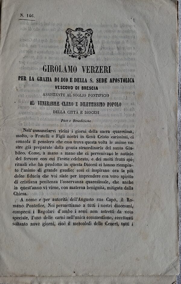 Girolamo Verzieri  – Due Lettere Pastorali per la Quaresima (nn. 146 e 172) - Brescia, Tipografia Vescovile del Pio Istituto, 1868