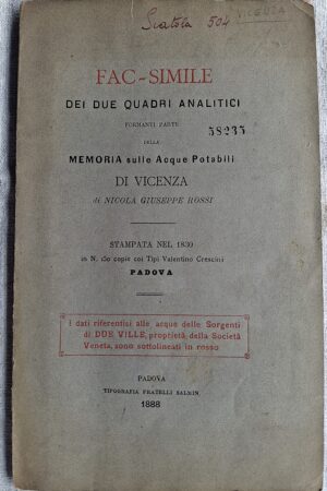 Rossi Nicola Giuseppe - FAC-SIMILE dei due quadri analitici della memoria sulle acque potabili di Vicenza - Padova, Tipografia Fratelli Salmin, 1888