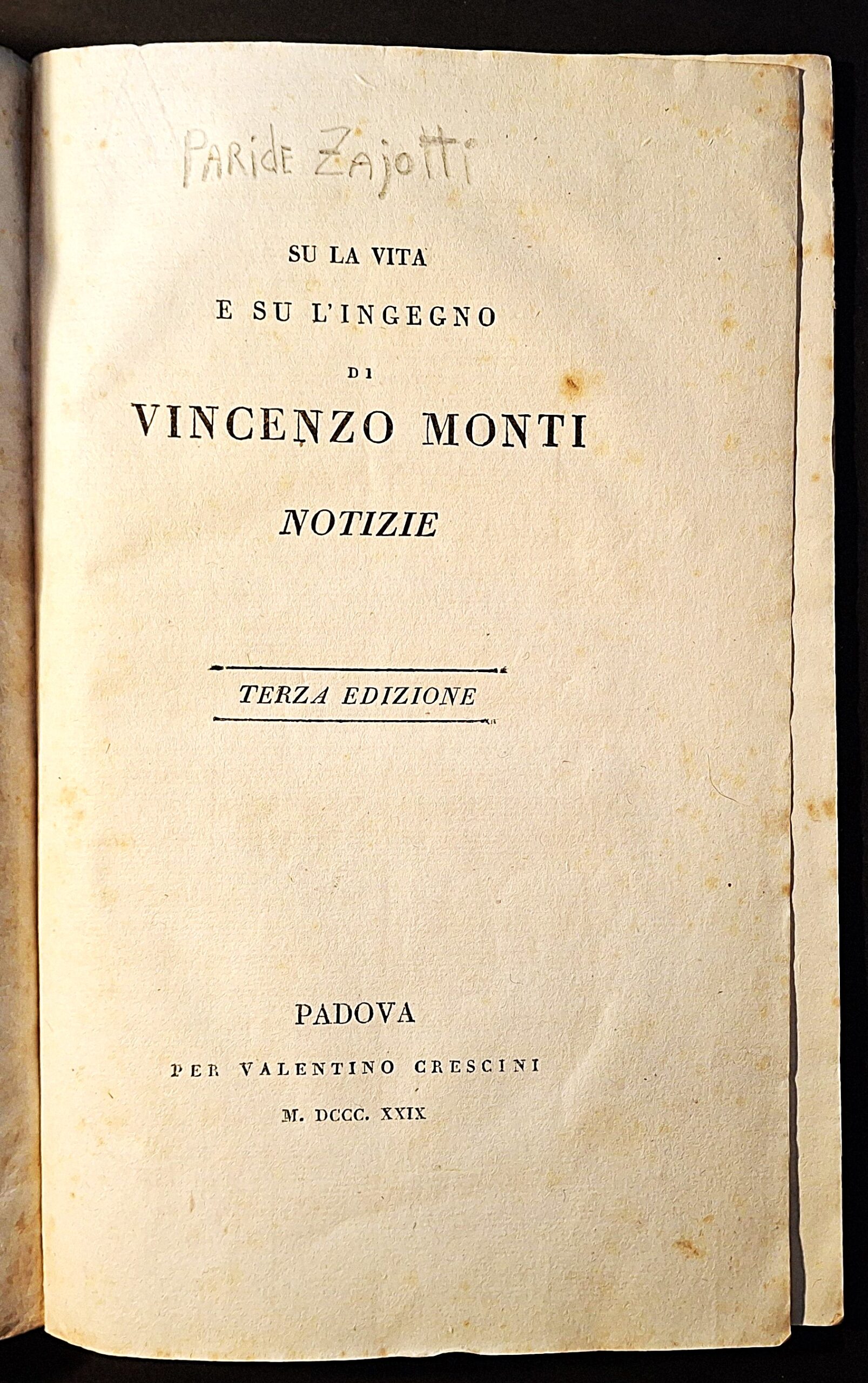 [Paride Zajotti, attribuito] - Su la vita e su l’ingegno di Vincenzo ...