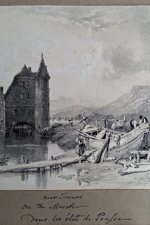 Litografia originale “Near Treves on the Moselle” – Clarkson Stanfield, veduta romantica lungo la Mosella (c.a. 1830)