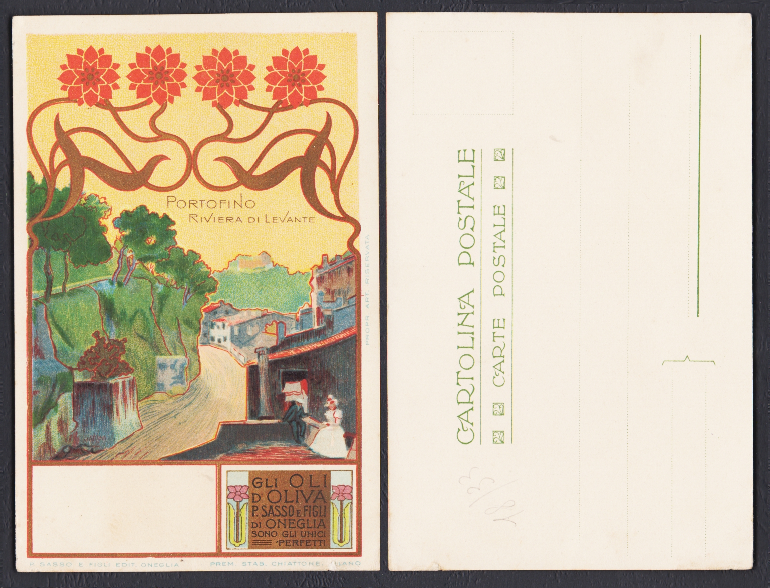 Serie di 7 cartoline pubblicitarie Olio Sasso – Vedute della Riviera ligure